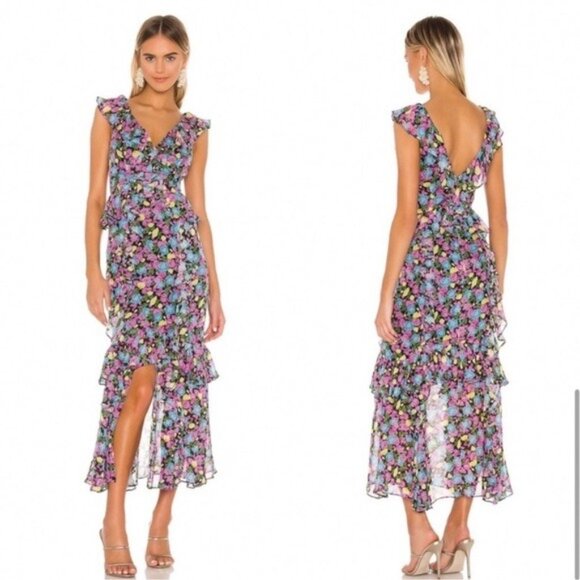 AMUR Evita Silk Floral Ruffle Midi Dress 8 Sleeveless Vneck Slit Chiffon - Picture 1 of 15